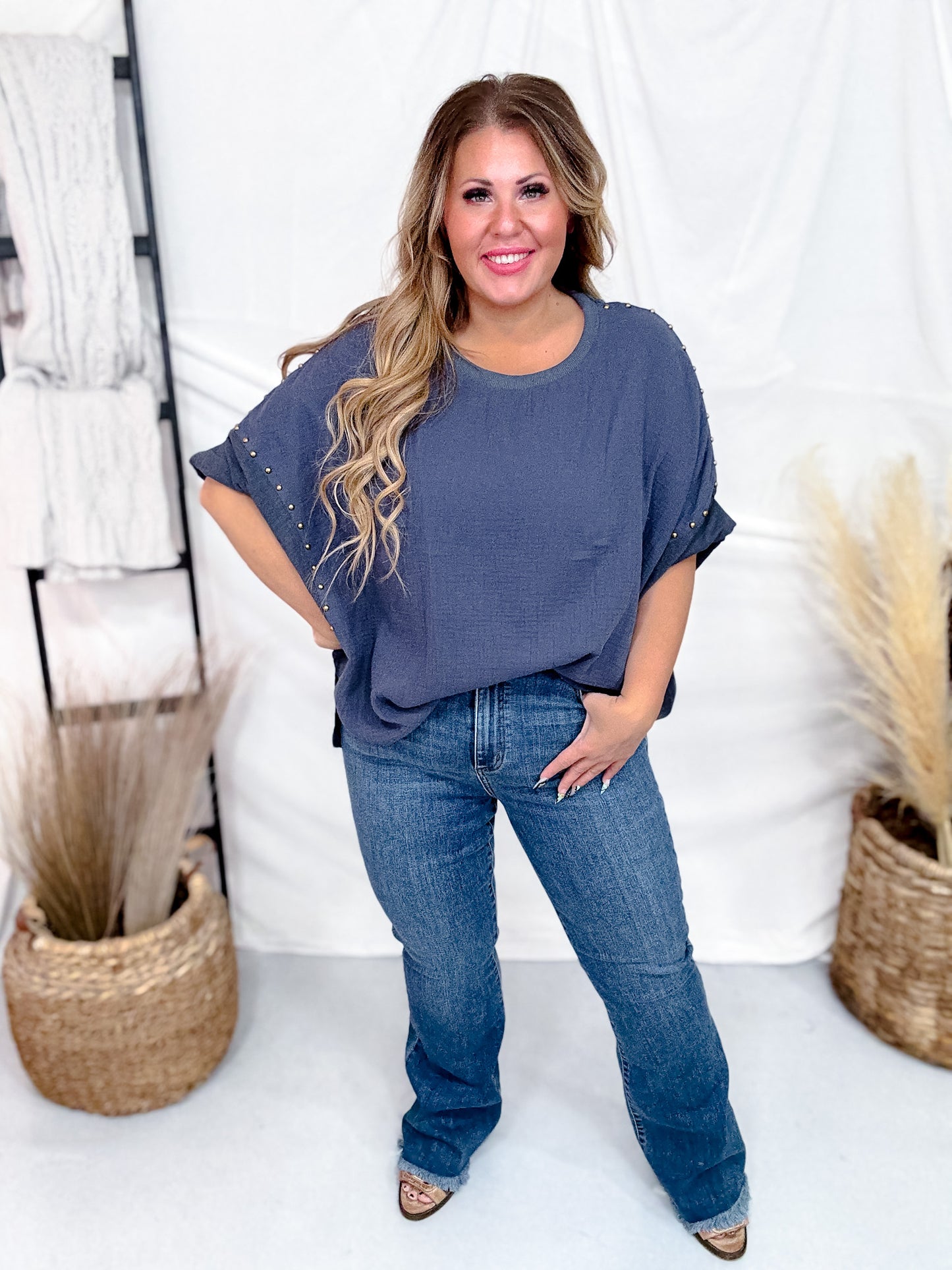 Denim Blue Textured Short Sleeve Stud Embellished Hi-Lo Top