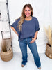 Denim Blue Textured Short Sleeve Stud Embellished Hi-Lo Top