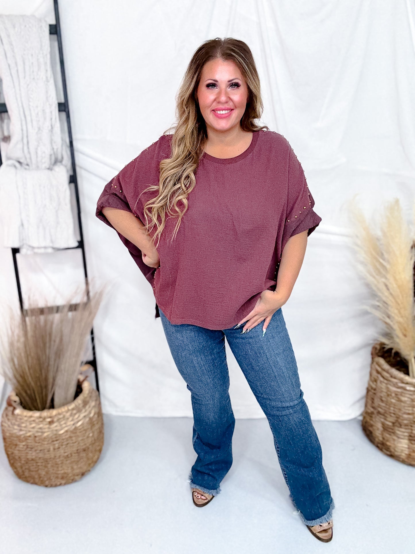Dark Mauve Textured Short Sleeve Stud Embellished Hi-Lo Top