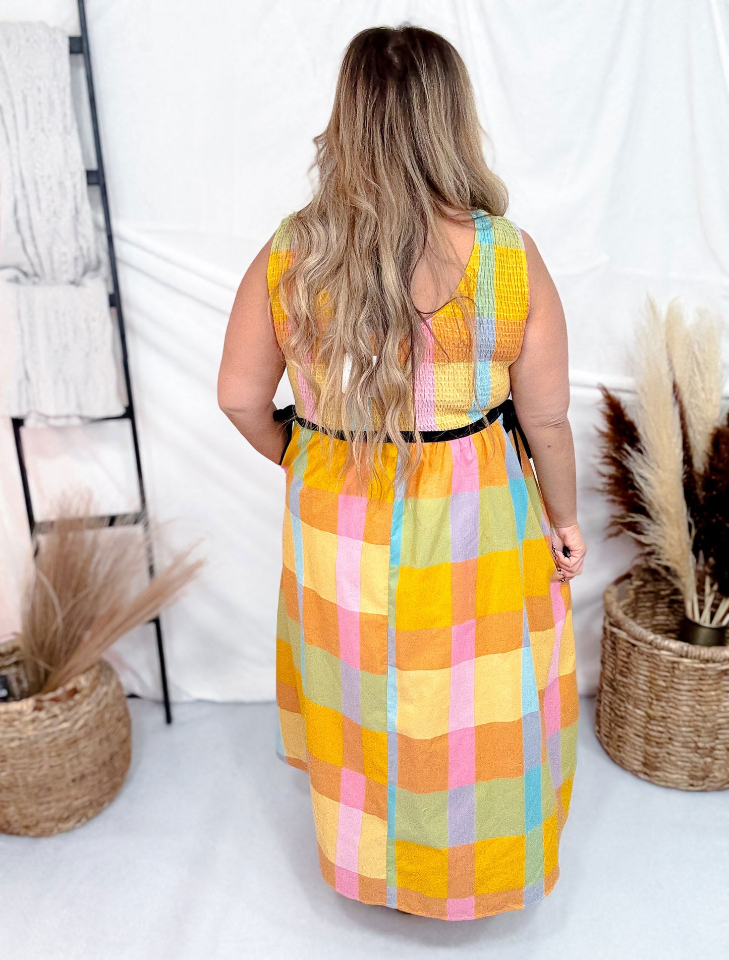 Colorful Checkered Midi Dress with Smocked Bodice