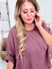 Dark Mauve Textured Short Sleeve Stud Embellished Hi-Lo Top