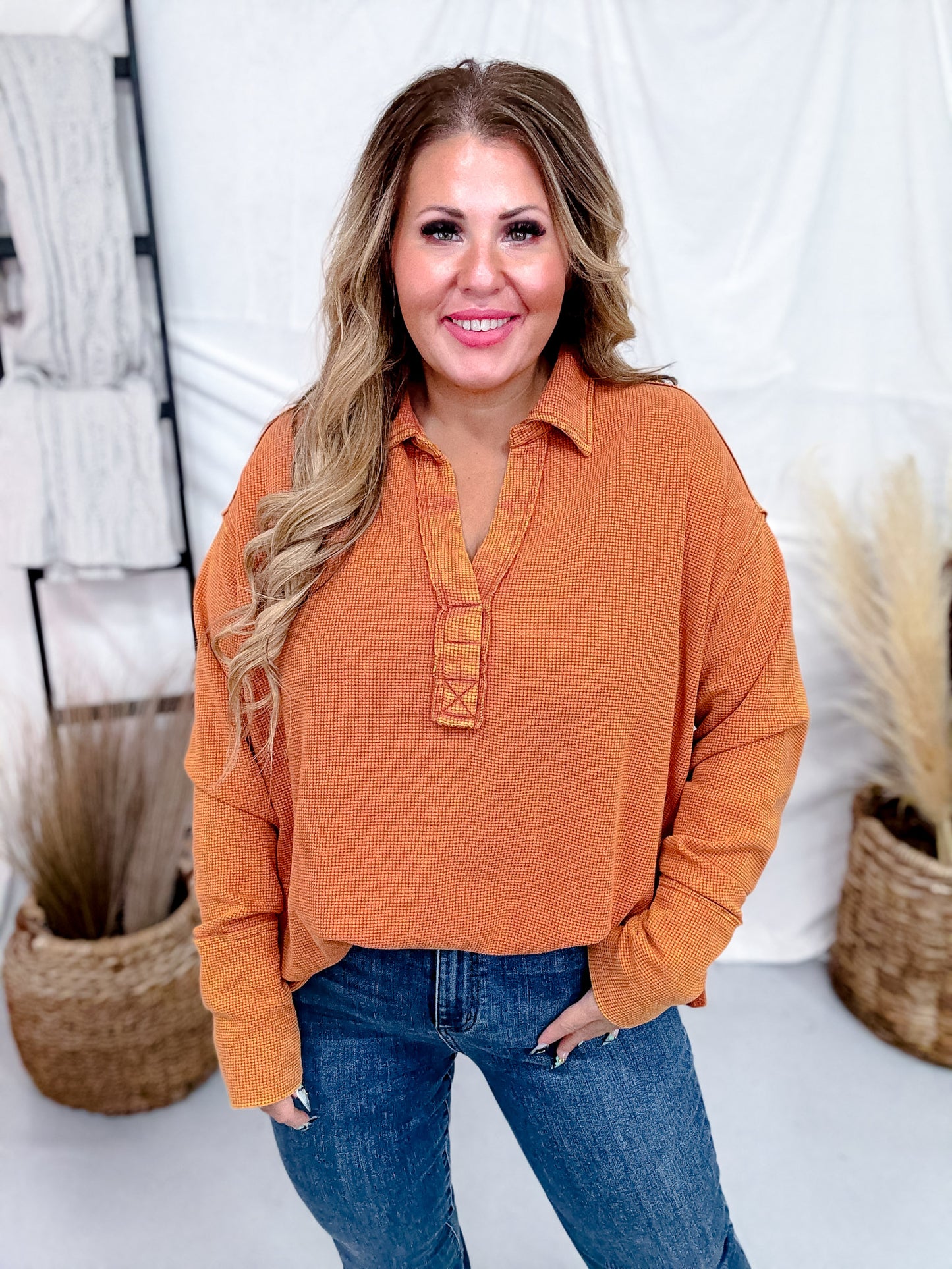Waffle Knit V-Neck Top In Pumpkin