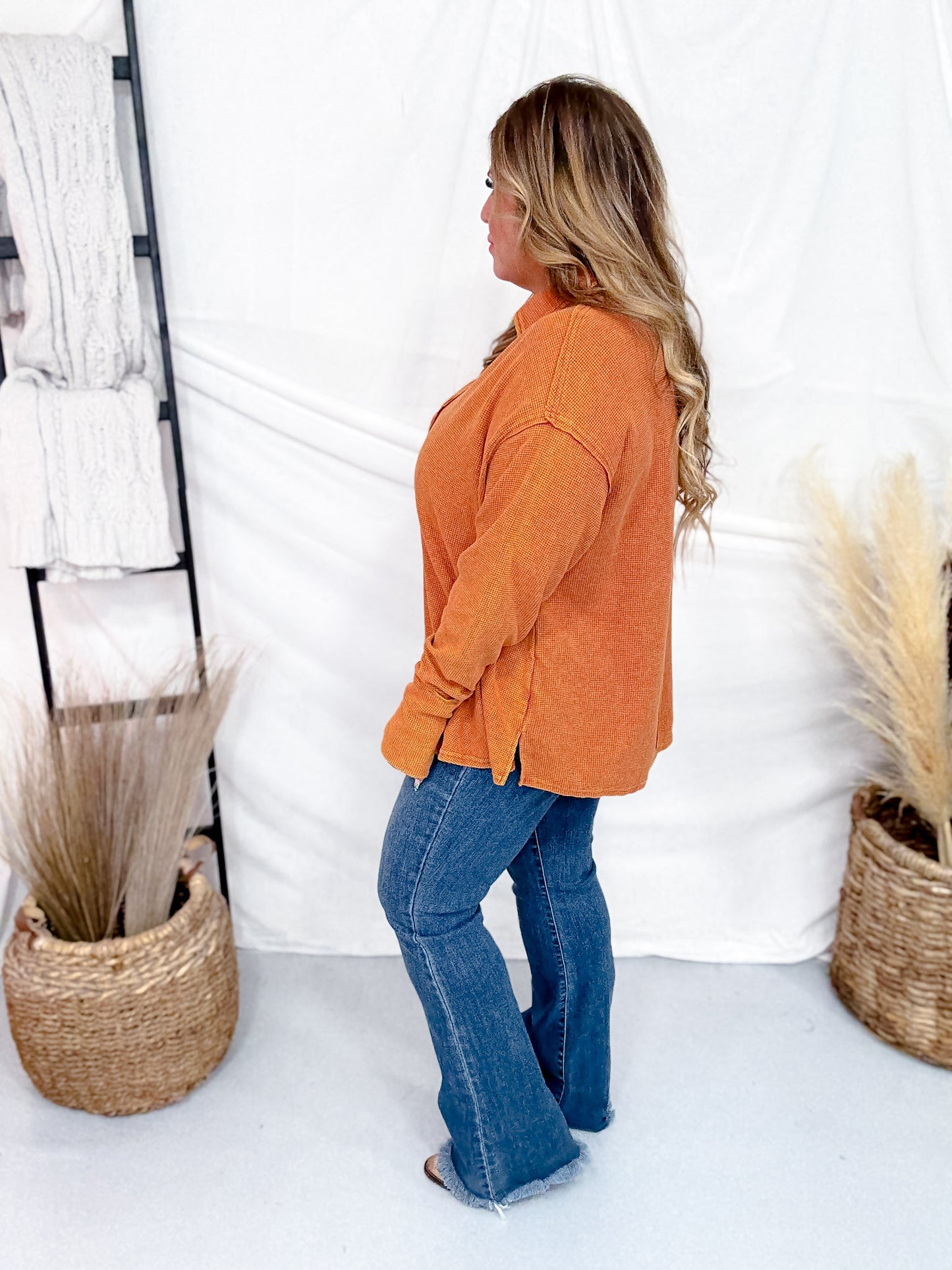 Waffle Knit V-Neck Top In Pumpkin