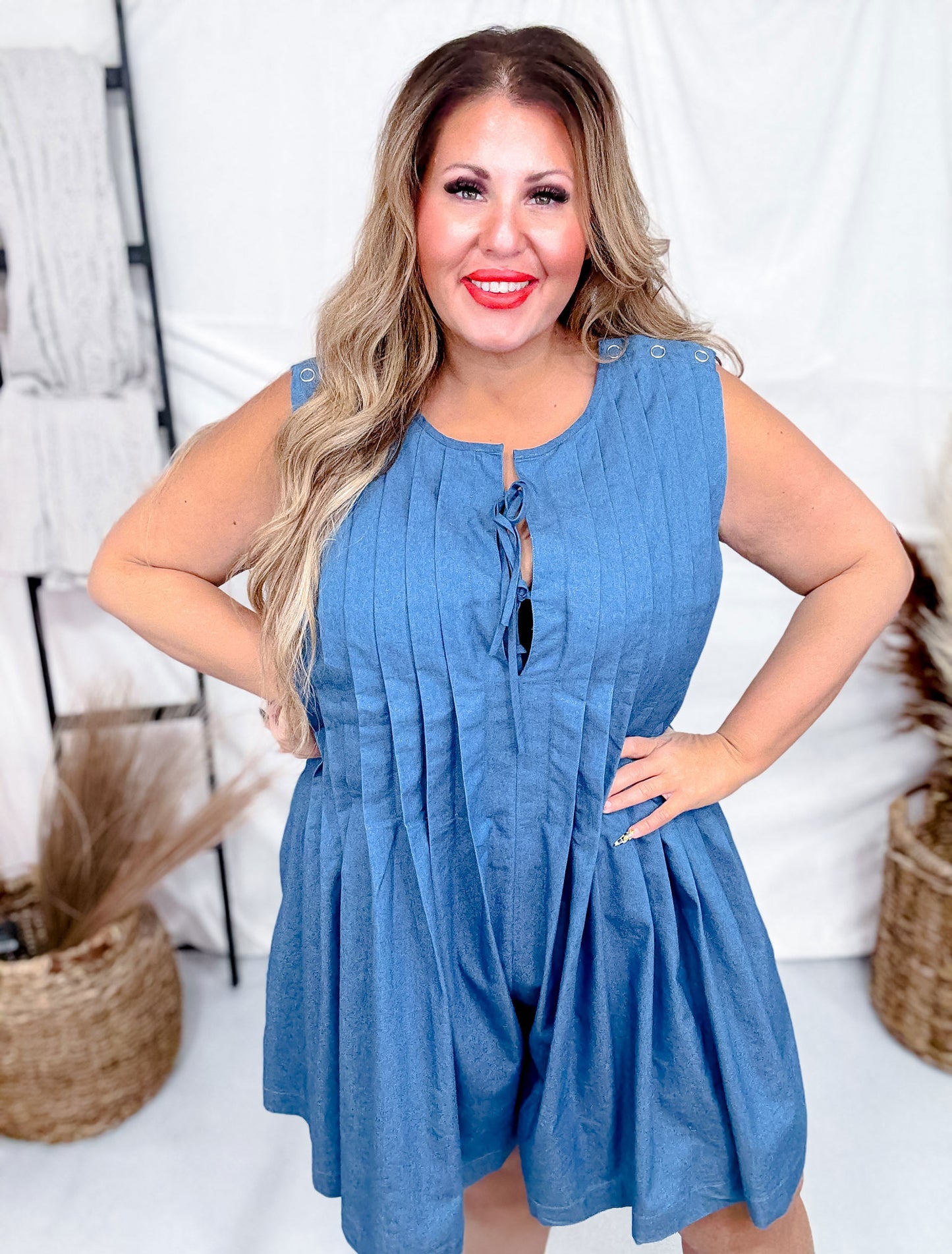 Washed Denim Pleated Romper with Front Ties