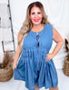 Washed Denim Pleated Romper with Front Ties
