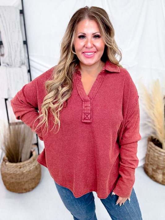 Brick Red Waffle Knit V-Neck Top