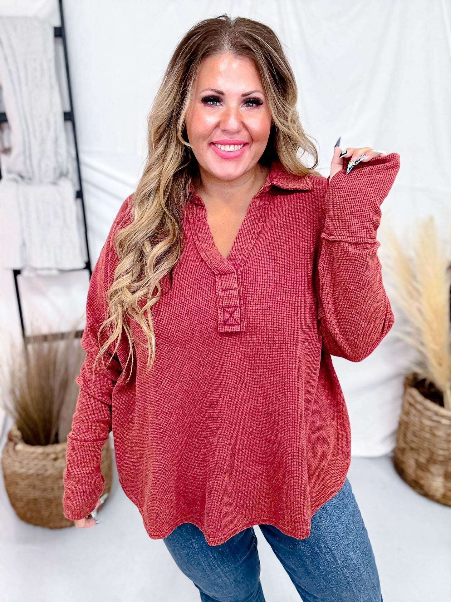 Brick Red Waffle Knit V-Neck Top