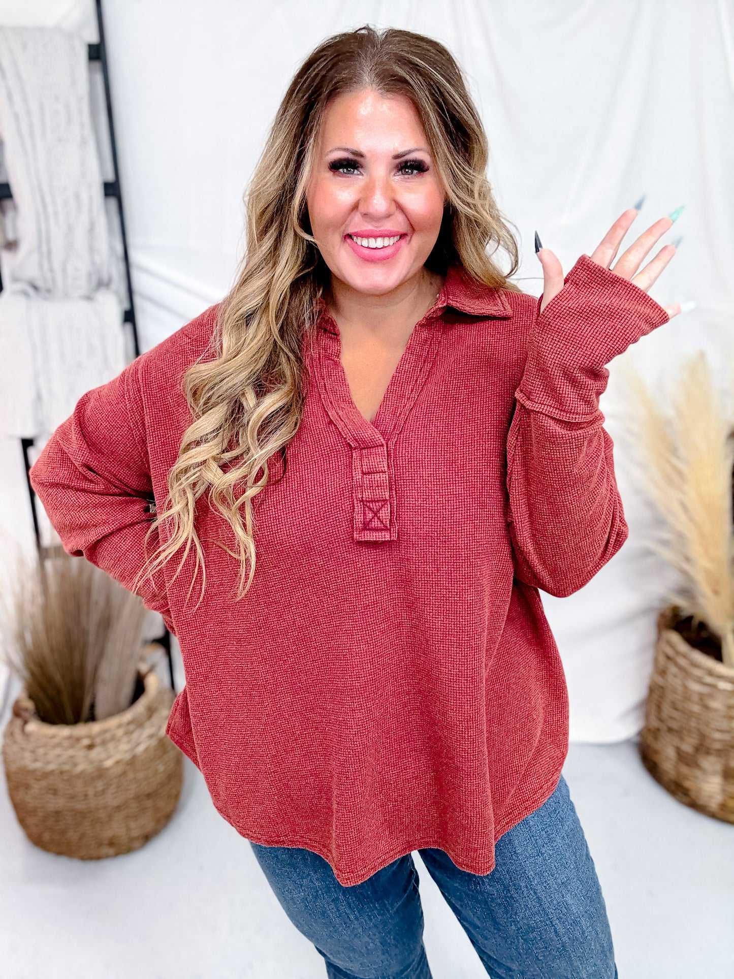 Brick Red Waffle Knit V-Neck Top