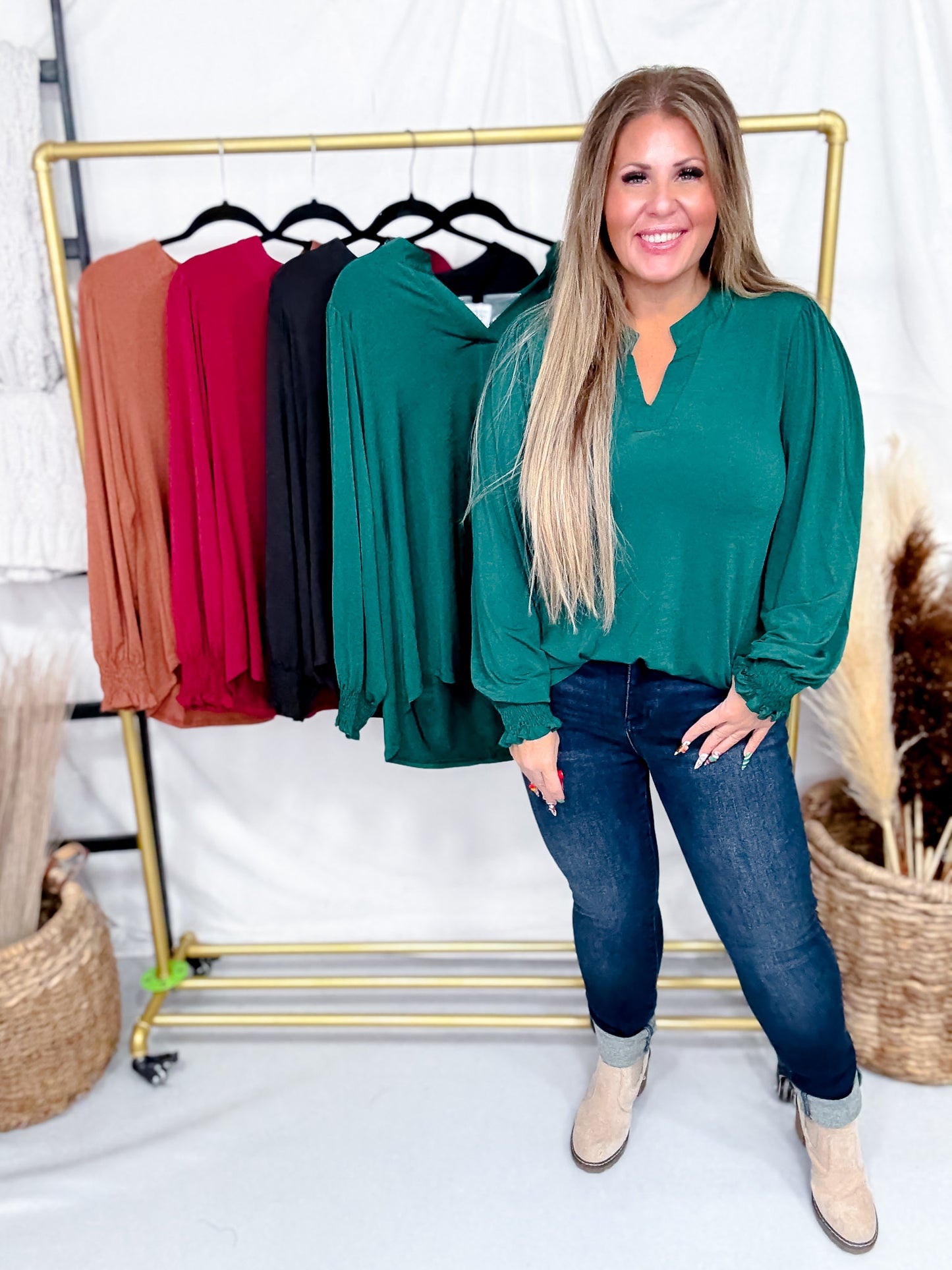 V-Neck Lizzy Top With Smocked Sleeves (4 Colors)