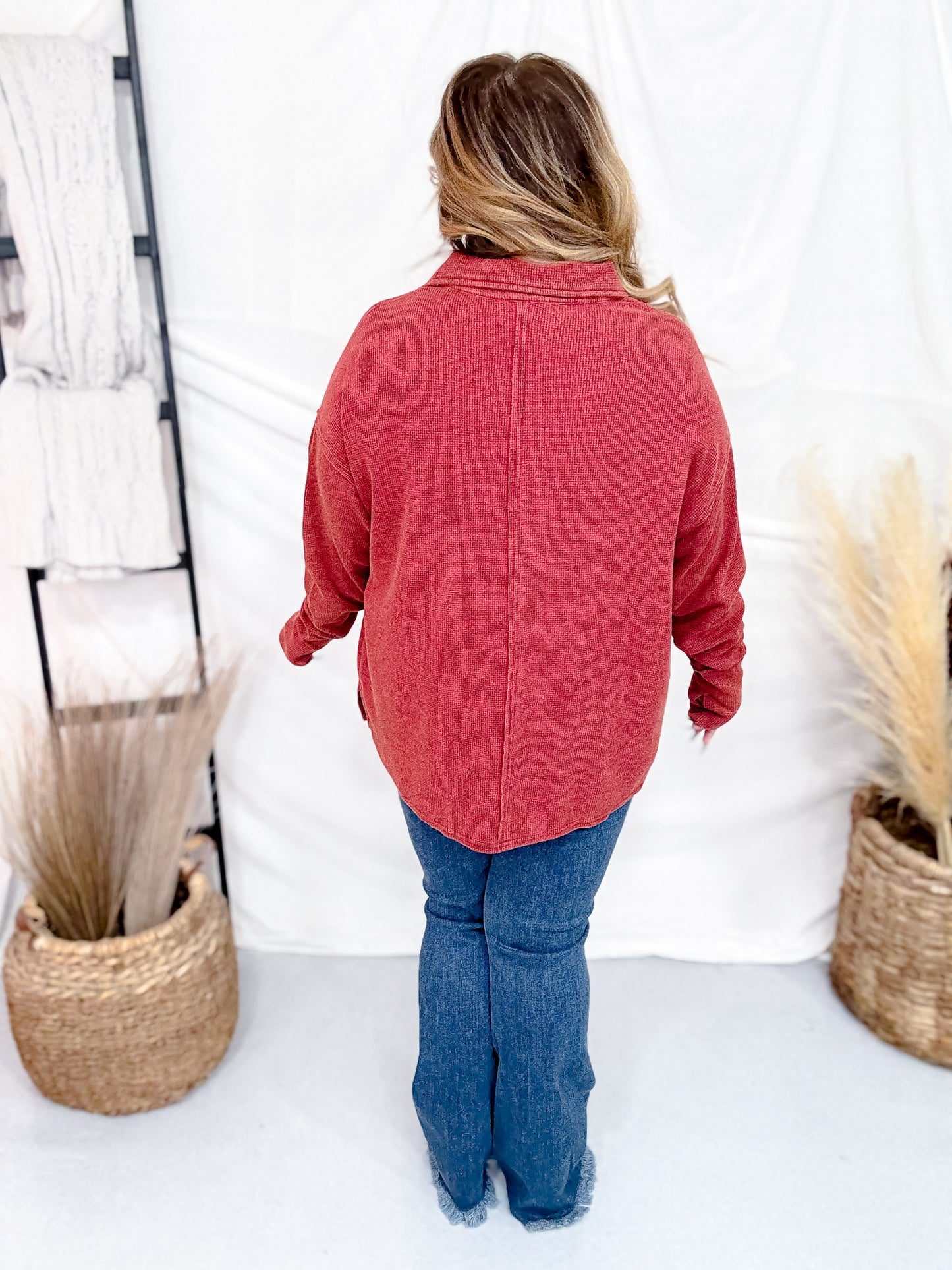 Brick Red Waffle Knit V-Neck Top