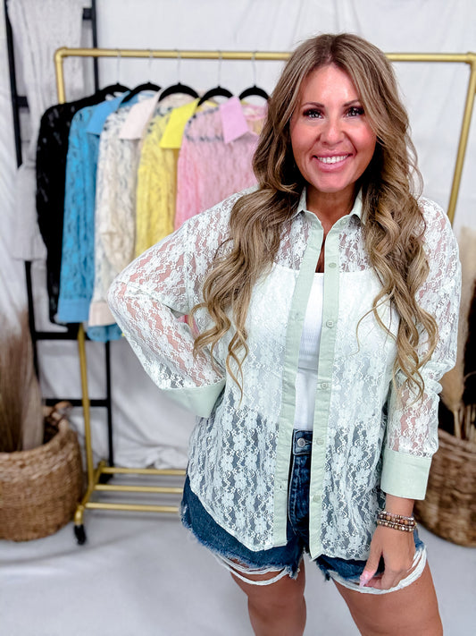 Long Sleeve Floral Lace Button Front Top (6 Colors)