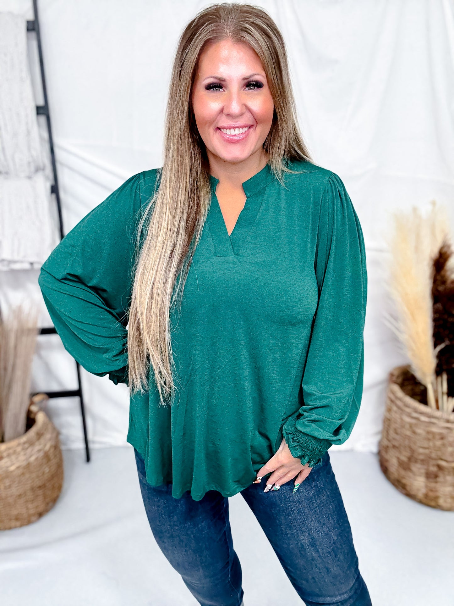 V-Neck Lizzy Top With Smocked Sleeves (4 Colors)
