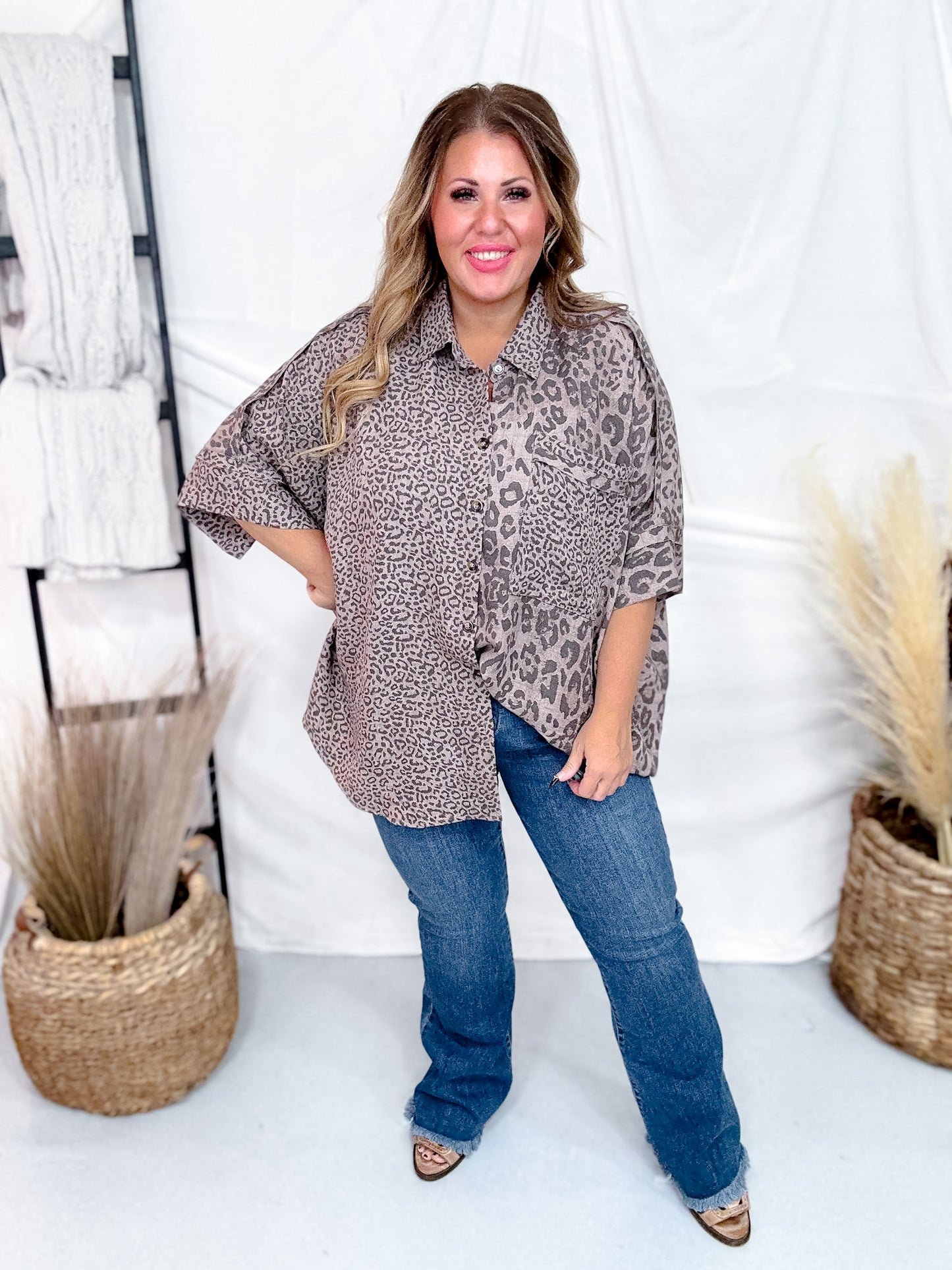 Mocha Leopard Print Button Down Top W/ High Low Hem
