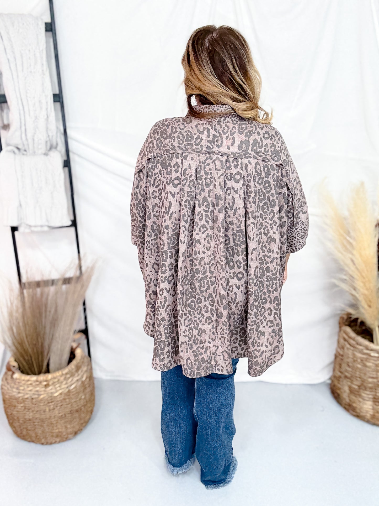 Mocha Leopard Print Button Down Top W/ High Low Hem