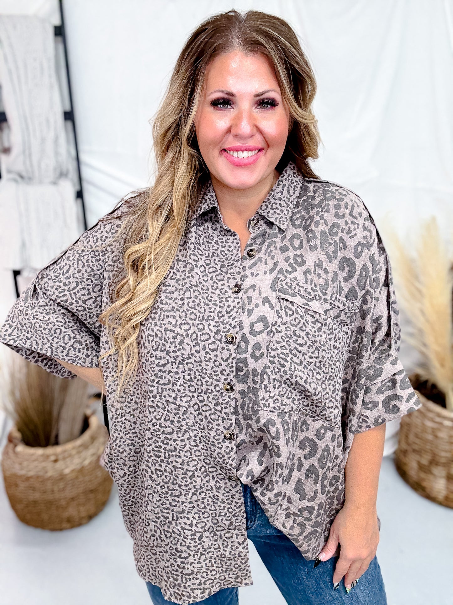 Mocha Leopard Print Button Down Top W/ High Low Hem