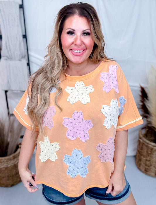 Short Sleeve Apricot Pullover Top with Floral Patchwork