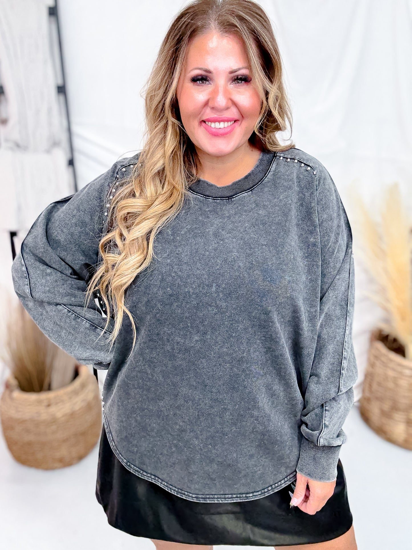 Black Long Sleeve Pullover W/ Pearl Stud Details