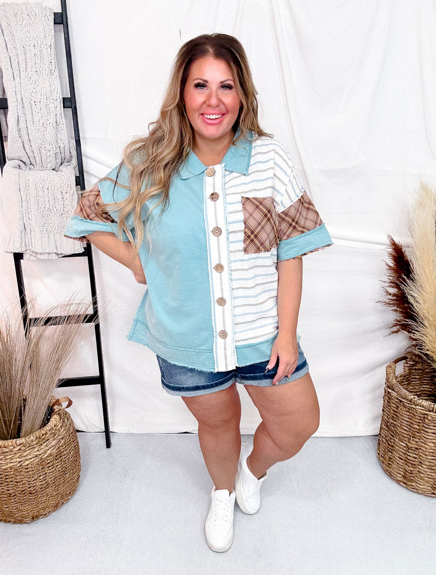 Teal Mixed Print Jersey Knit Short Sleeve Button Down Top