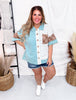 Teal Mixed Print Jersey Knit Short Sleeve Button Down Top