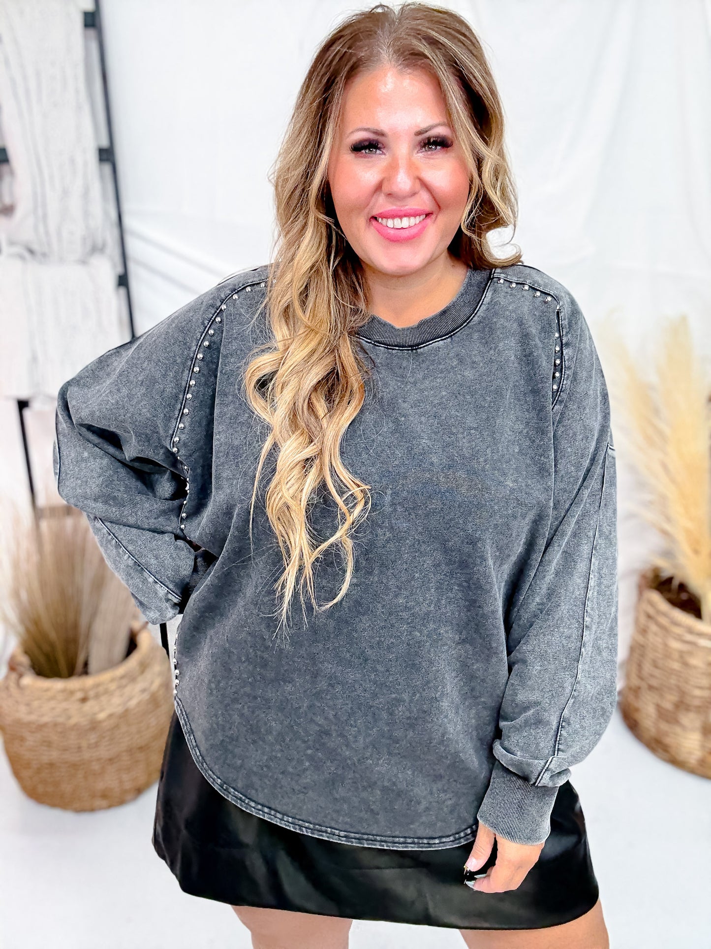 Black Long Sleeve Pullover W/ Pearl Stud Details