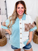 Teal Mixed Print Jersey Knit Short Sleeve Button Down Top