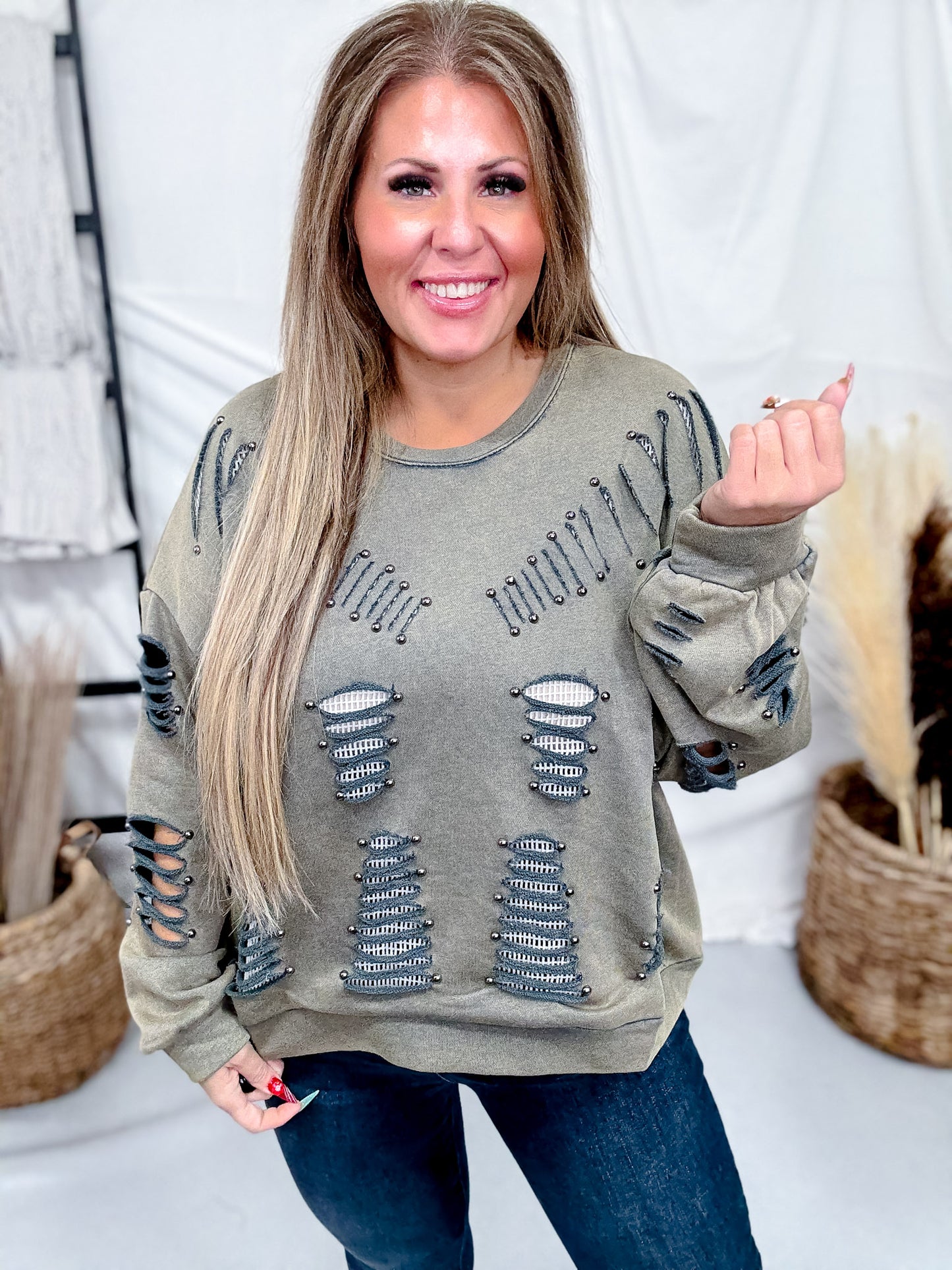 Vintage Moss Distressed Sweatshirt W/ Studding Detail & Knit Liner