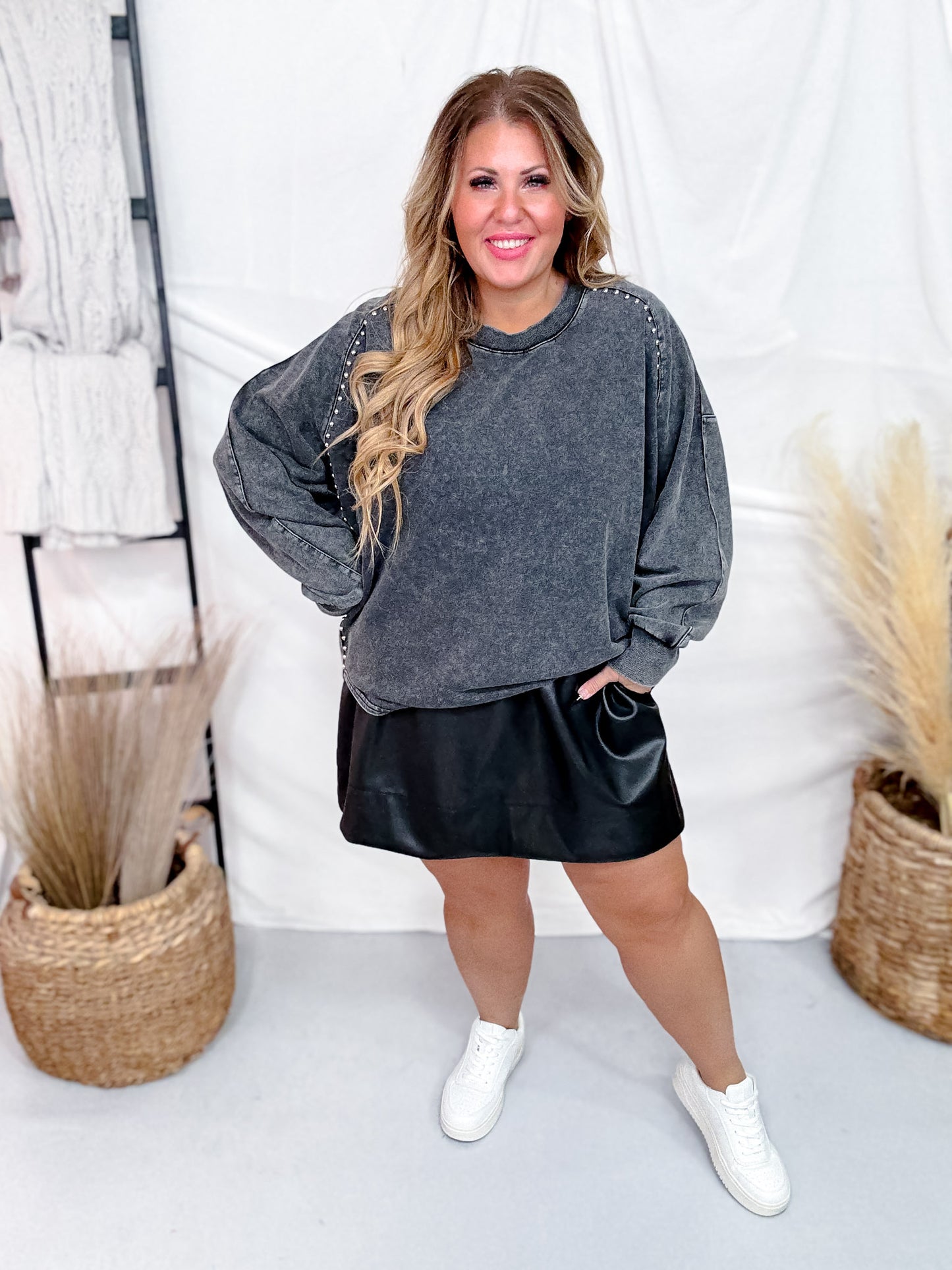 Black Long Sleeve Pullover W/ Pearl Stud Details