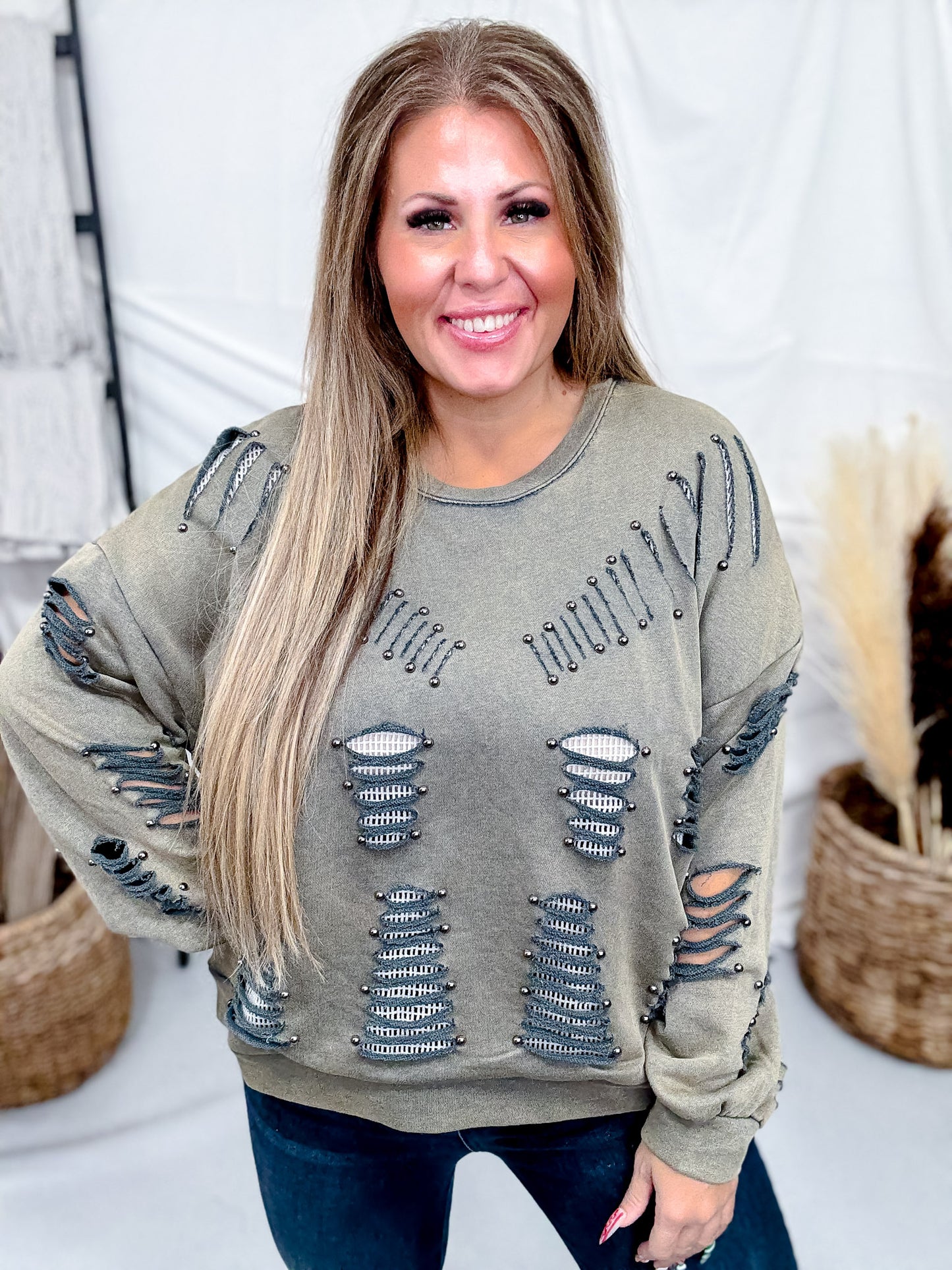 Vintage Moss Distressed Sweatshirt W/ Studding Detail & Knit Liner