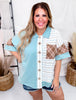 Teal Mixed Print Jersey Knit Short Sleeve Button Down Top