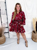 Burgundy Floral Print Button Front Dress With Tie Waist