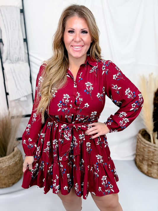 Burgundy Floral Print Button Front Dress With Tie Waist
