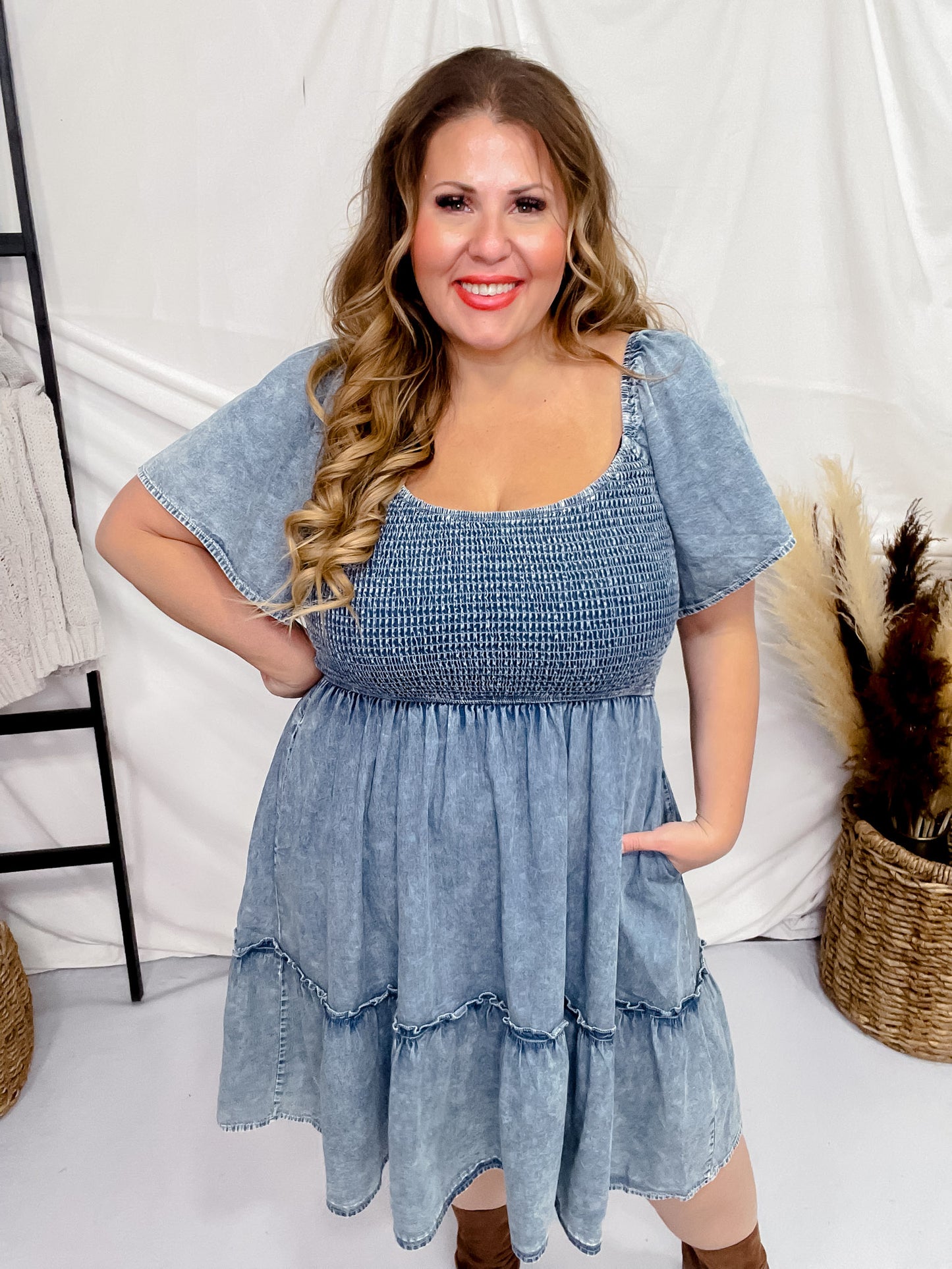 Washed Denim Short Sleeve Dress W/ Smocking