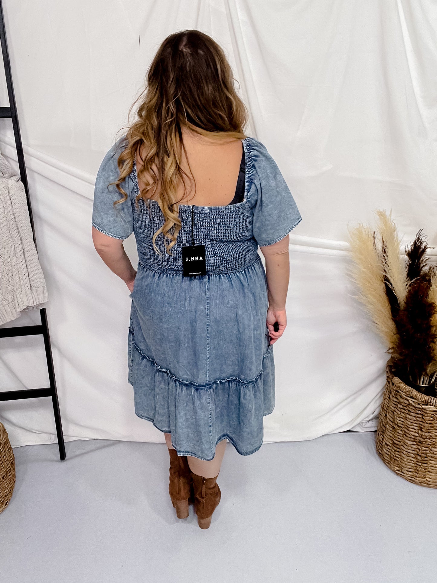 Washed Denim Short Sleeve Dress W/ Smocking