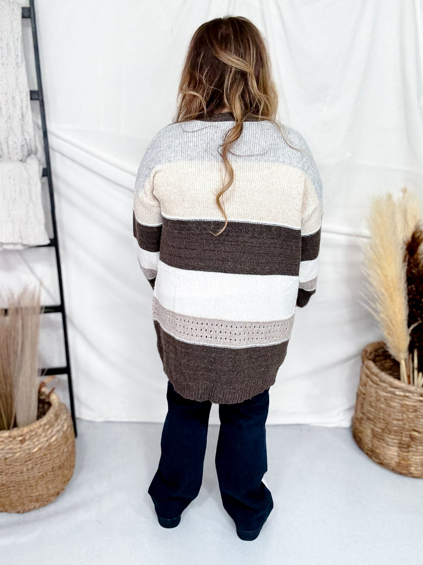 Open Front Coffee Striped Knit Cardigan