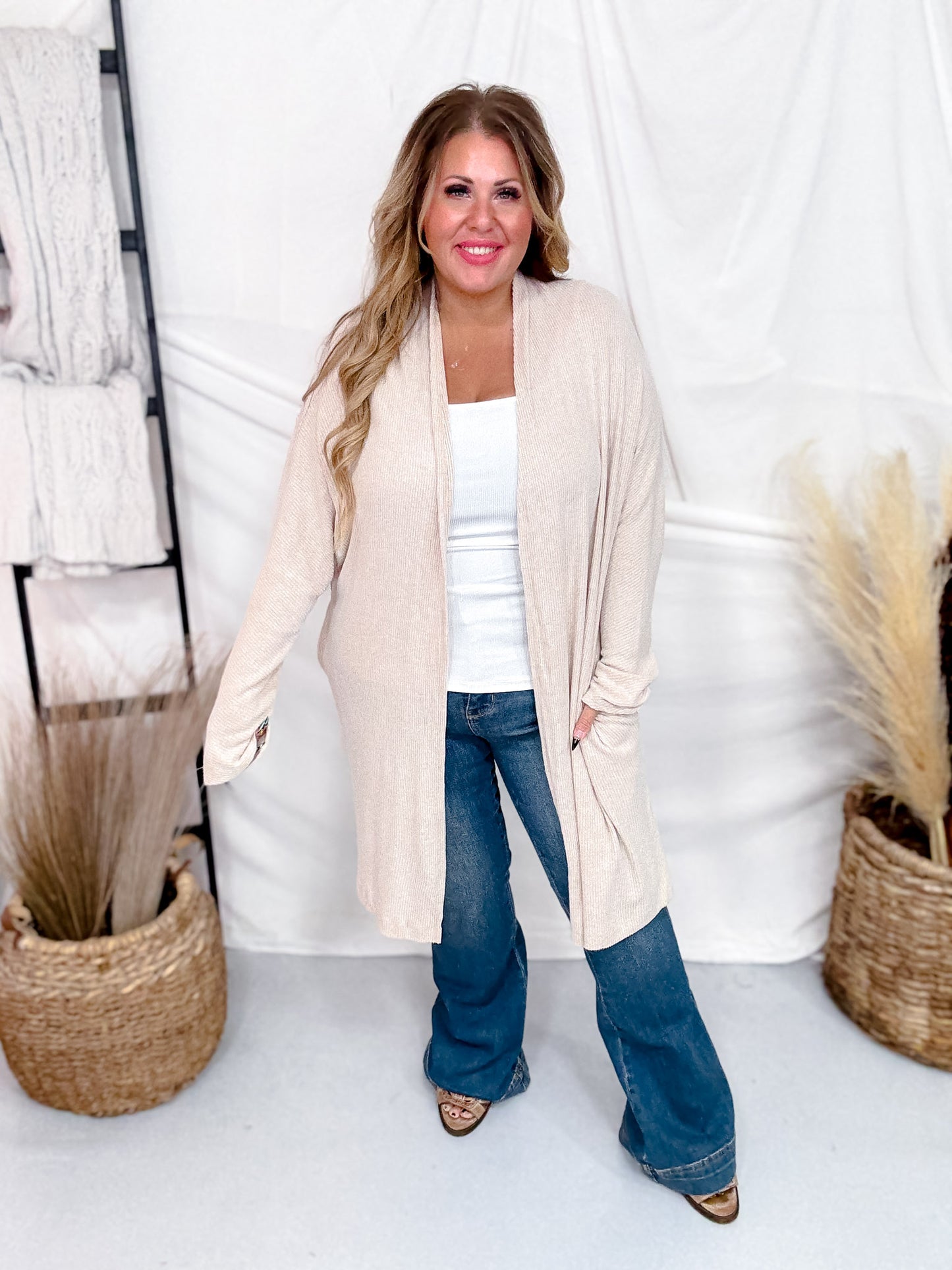 Open Front Ribbed Cardigan In Oatmeal