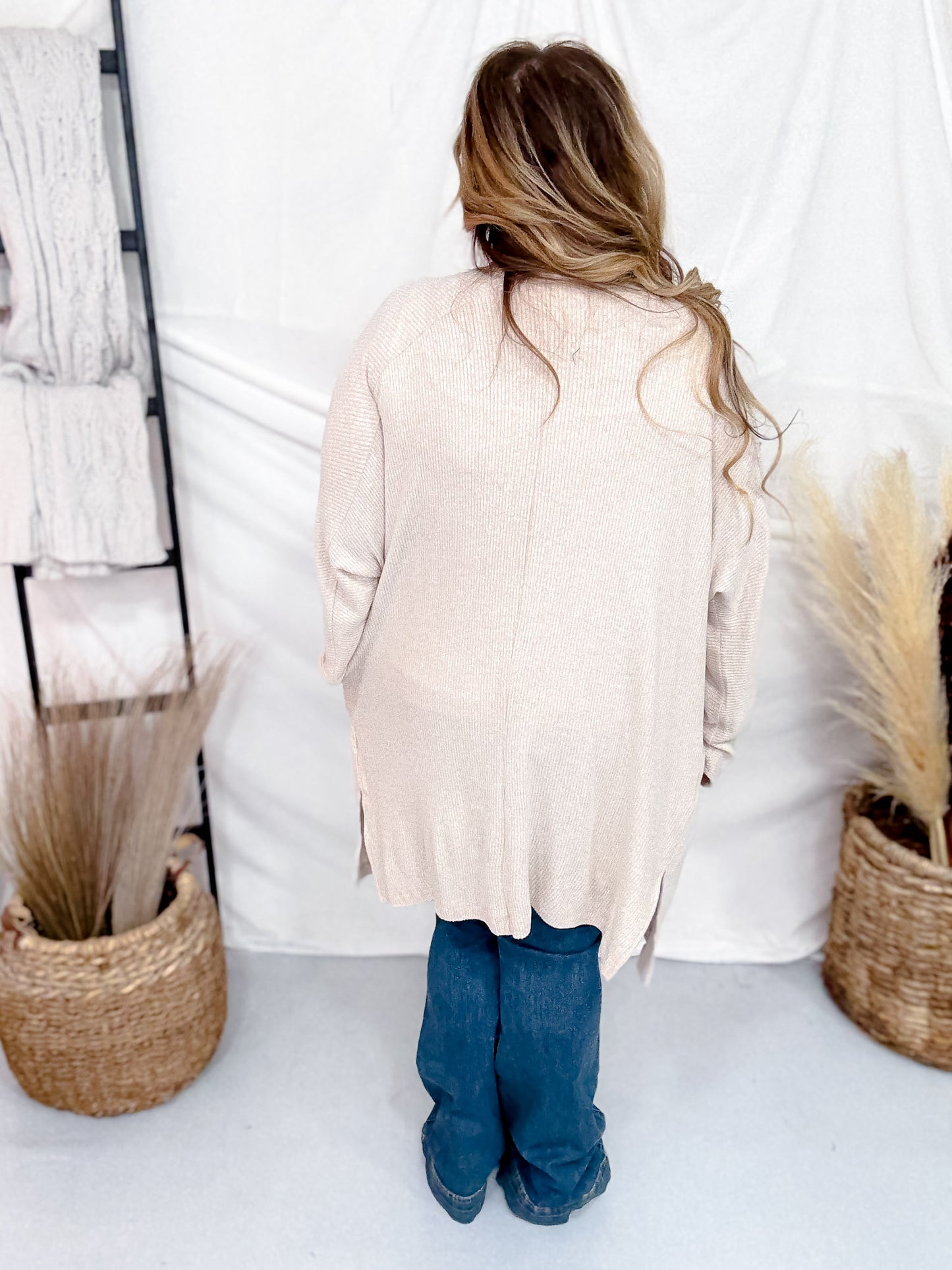 Open Front Ribbed Cardigan In Oatmeal