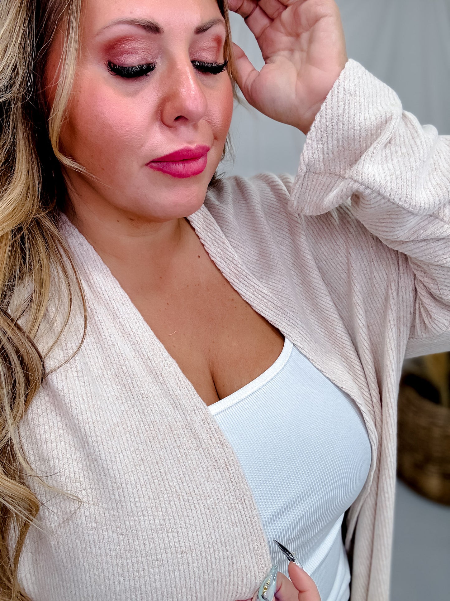 Open Front Ribbed Cardigan In Oatmeal