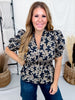 Olive & Black Floral Print Peplum Top W/ Puff Sleeves
