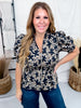 Olive & Black Floral Print Peplum Top W/ Puff Sleeves