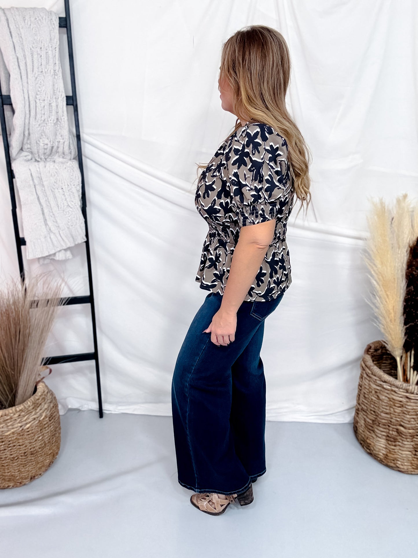 Olive & Black Floral Print Peplum Top W/ Puff Sleeves