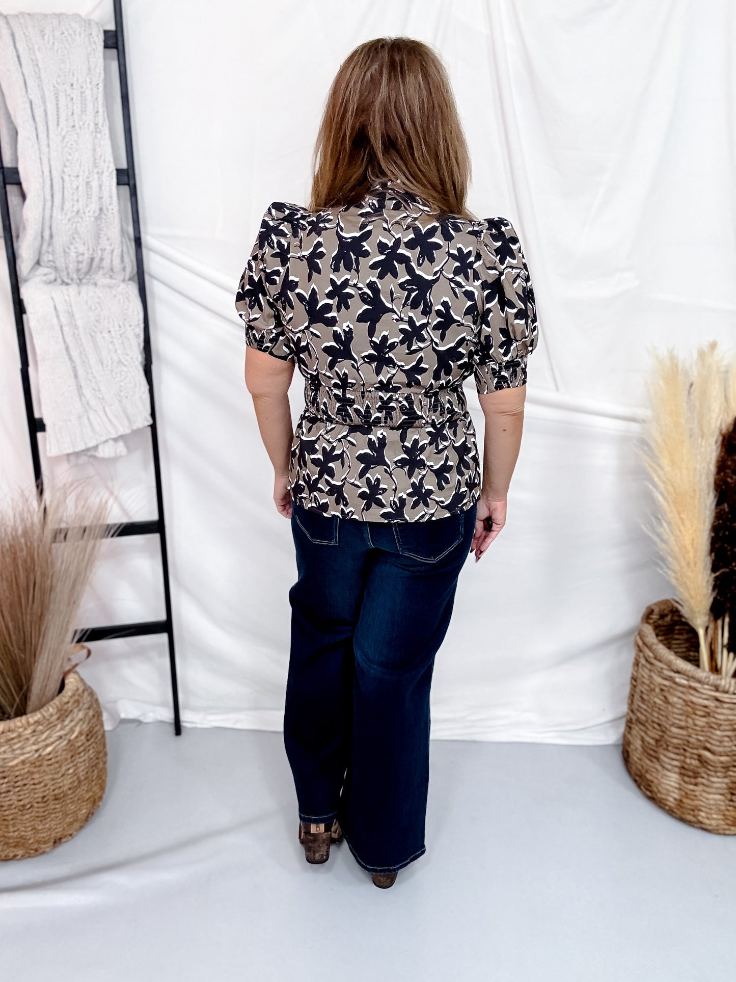 Olive & Black Floral Print Peplum Top W/ Puff Sleeves