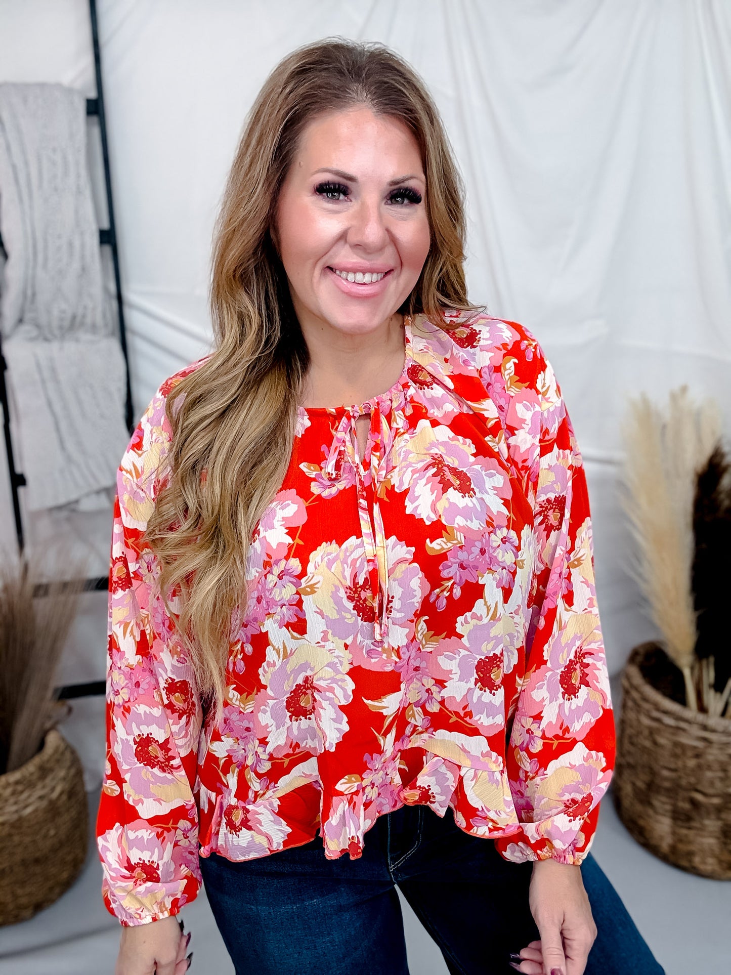 Floral Print Balloon Sleeve Top With Tie Neckline