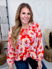 Floral Print Balloon Sleeve Top With Tie Neckline