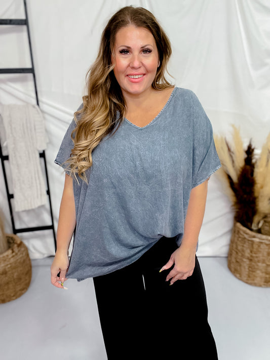 Boxy V-Neck Short Sleeve Denim Colored Top