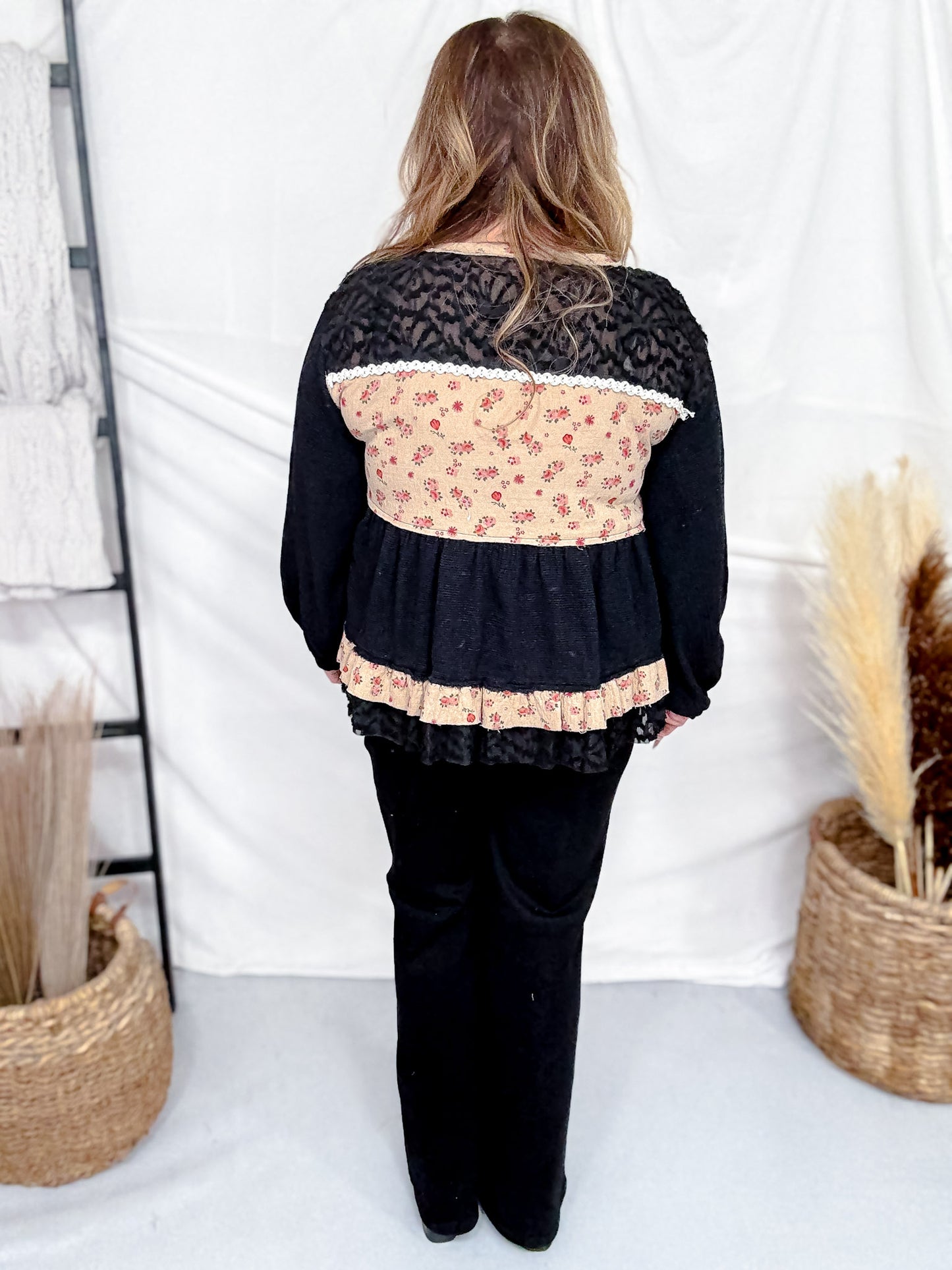 Black Long Sleeve Round Neck Textured Woven Pintuck Detail Top