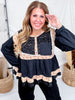 Black Long Sleeve Round Neck Textured Woven Pintuck Detail Top