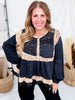 Black Long Sleeve Round Neck Textured Woven Pintuck Detail Top