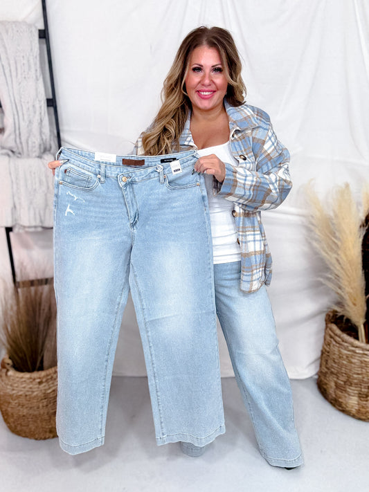 Judy Blue High-Waist Retro Wide Leg Criss Cross Waist Band Jeans