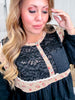Black Long Sleeve Round Neck Textured Woven Pintuck Detail Top