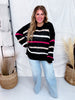 Black Open Knit Top With Pink & Tan Stripes